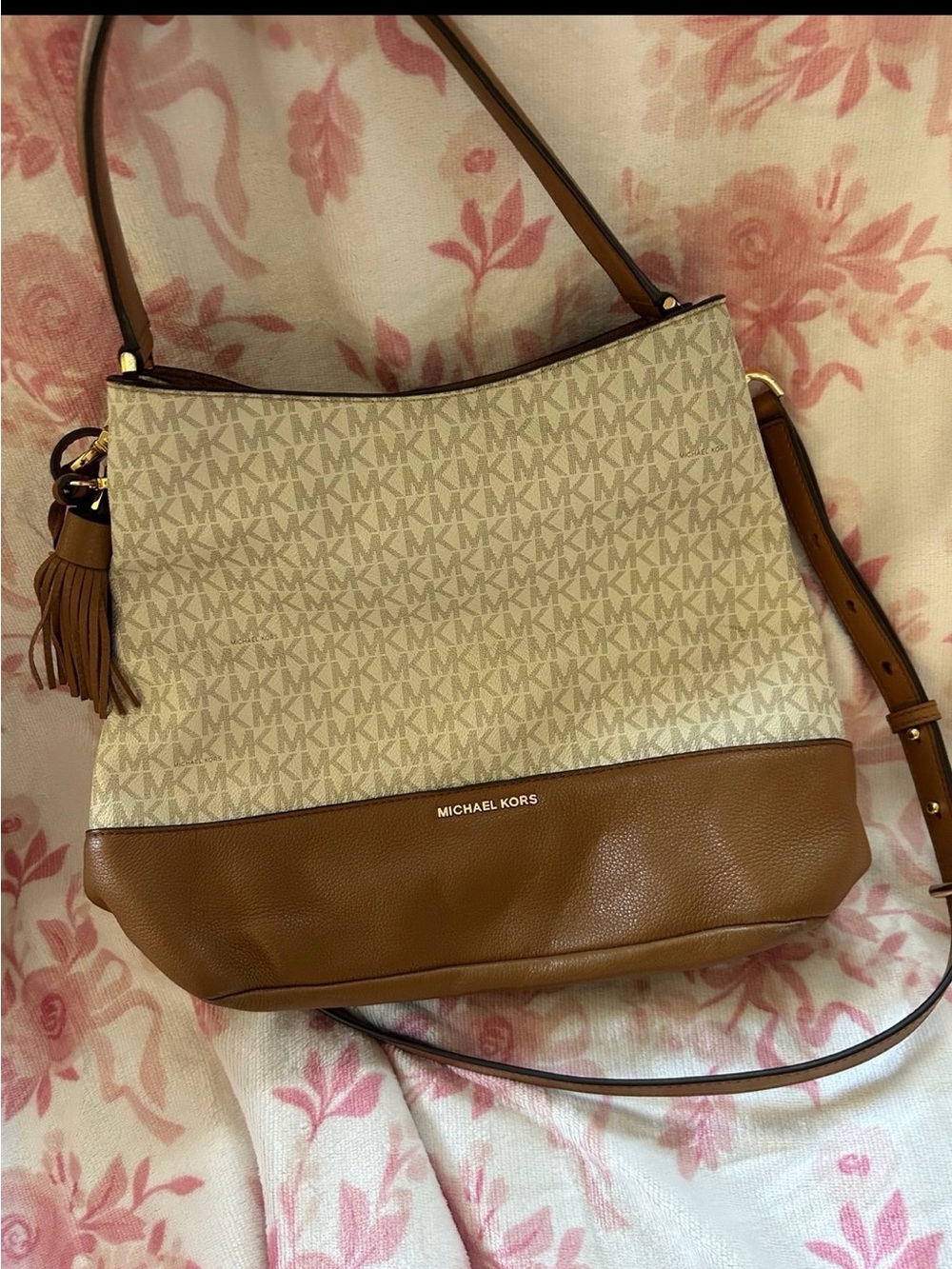 Michael Kors Cream Signature & Brown Leather Shoulder Bag